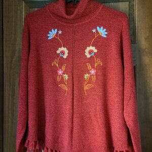 DENIM MOVES RED TURTLENECK SWEATER WITH FLORAL EMBROIDERY FRINGE  HEM SI…